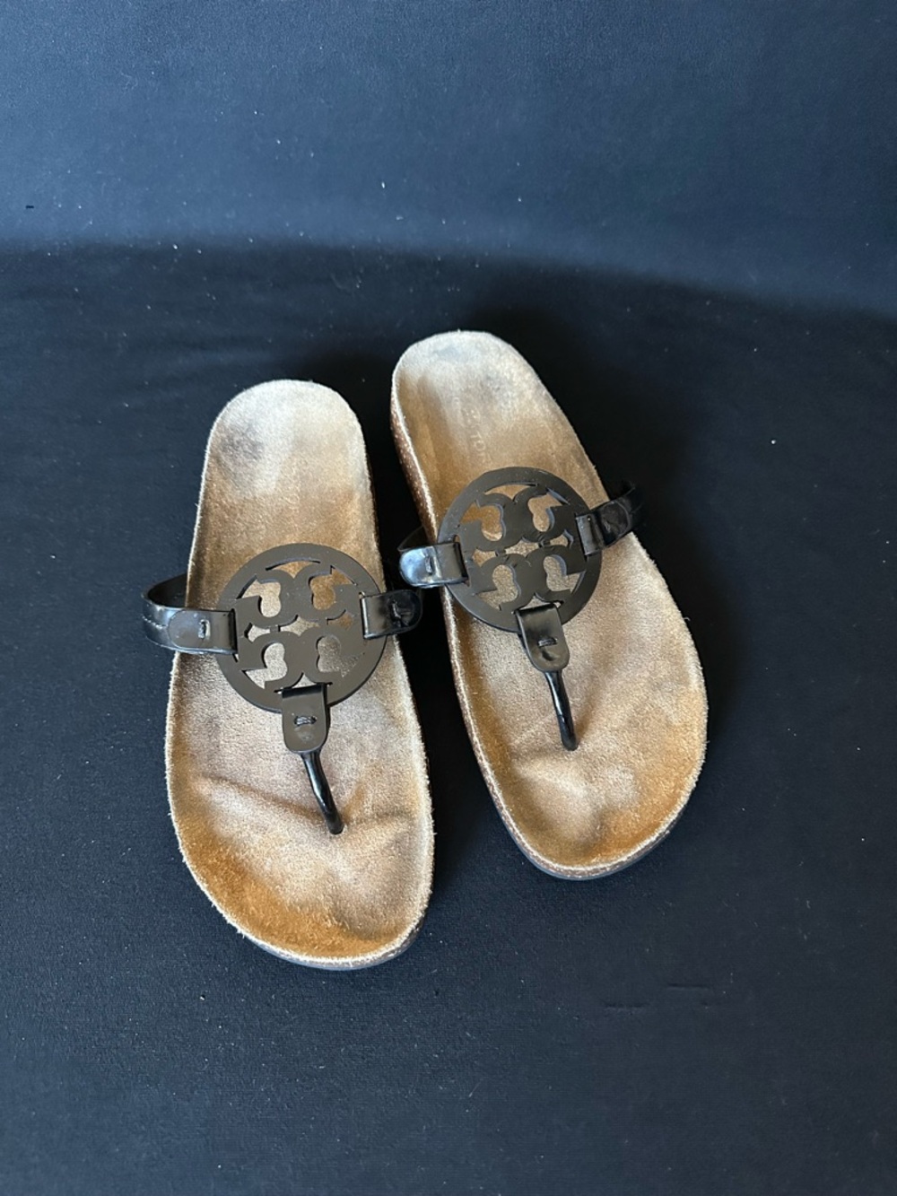 Tory Burch Cloud Miller Black double T logo Thong Sandals with brown  Footbeds 8
